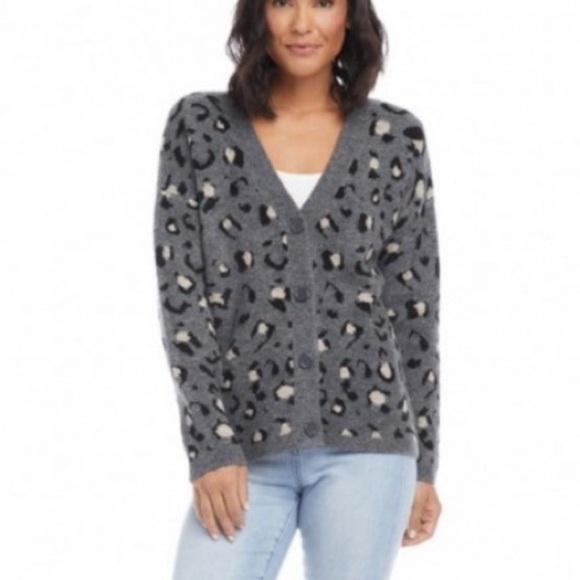 Karen Kane SMALL Animal Jacquard Cardigan Sweater Gray Button Front Plush - Picture 2 of 8